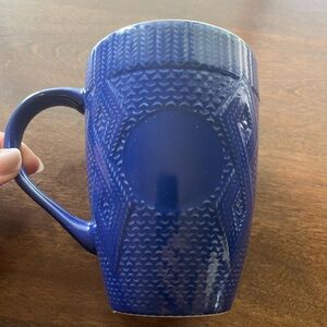 Bright blue cable knit style sweater mug. Orange interior. Very pretty! GUC!